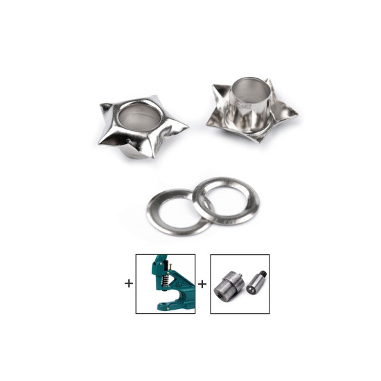 Eyelets / grommets with washer, inner ø5 mm / outer ø12.7 mm, star - Nickel (300 Pairs) Eyelets / grommets with washer, inner ø5 mm / outer ø12.7 mm, star - Nickel (300 Pairs)