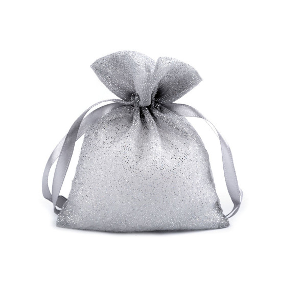 Woreczek podarunkowy 10x13 cm organza z brokatem - Srebrny jasny (10 Sztuki) Woreczek podarunkowy 10x13 cm organza z brokatem - Srebrny jasny (10 Sztuki)