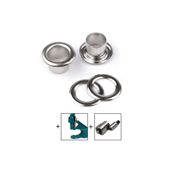 Eyelets / grommets & washer, inner ø8 mm / outer ø14 mm - Nickel (1000 Pairs) Eyelets / grommets & washer, inner ø8 mm / outer ø14 mm - Nickel (1000 Pairs)