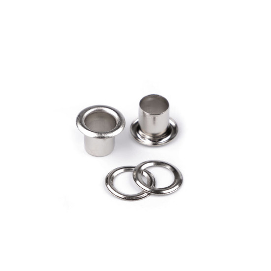 Eyelets / grommets & washer, inner ø6 mm / outer ø11 mm - Nickel (100 Pairs) Eyelets / grommets & washer, inner ø6 mm / outer ø11 mm - Nickel (100 Pairs)