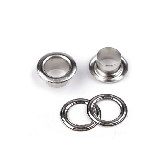 Eyelets / grommets & washer, inner ø10 mm / outer ø17 mm - Nickel (20 Pairs) Eyelets / grommets & washer, inner ø10 mm / outer ø17 mm - Nickel (20 Pairs)