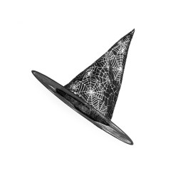 Carnival witch hat - spider web, skull, bat, pumpkin, witch - Black (1 Piece)