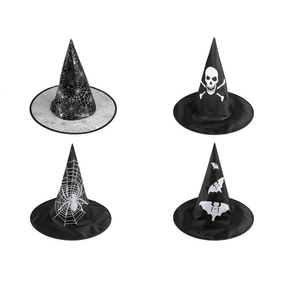 Carnival witch hat - spider web, skull, bat, pumpkin, witch - Black (3 Pieces) Carnival witch hat - spider web, skull, bat, pumpkin, witch - Black (3 Pieces)
