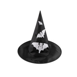 Carnival witch hat - spider web, skull, bat, pumpkin, witch - Black (1 Piece)