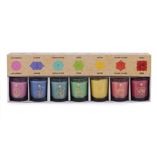 Scented chakra candle in glass, set of 7 pcs - Mix (7 Pieces) Scented chakra candle in glass, set of 7 pcs - Mix (7 Pieces)