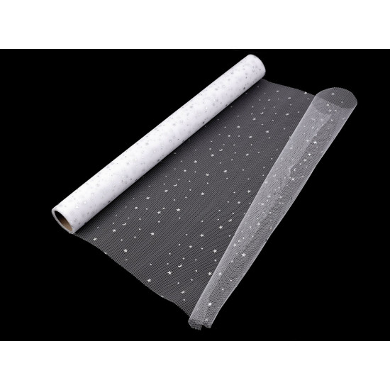 Decorative tulle fabric, stars width 48 cm - White (18 Meters)