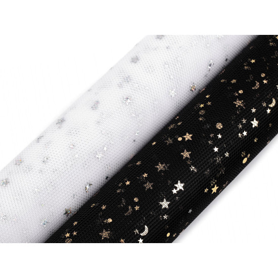 Decorative tulle fabric, stars width 48 cm - White (18 Meters)