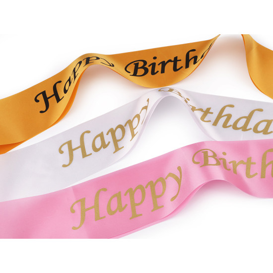 Happy birthday satin sash, width 9.5 cm - White (1 Piece)