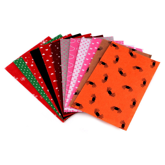 Filc dekoracyjny gwiazda, śnieżynka, serce, pająk, kropki 20x30 cm - Mix (12 Sztuki) Filc dekoracyjny gwiazda, śnieżynka, serce, pająk, kropki 20x30 cm - Mix (12 Sztuki)