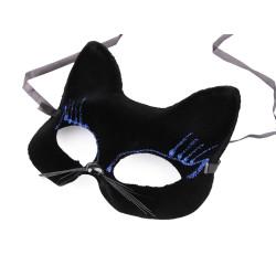 Carnival mask - velvet eye mask with glitter, cat - Black (1 Piece)