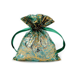 Organza gift bag - golden twigs / tree 10x13 cm - Green (10 Pieces)