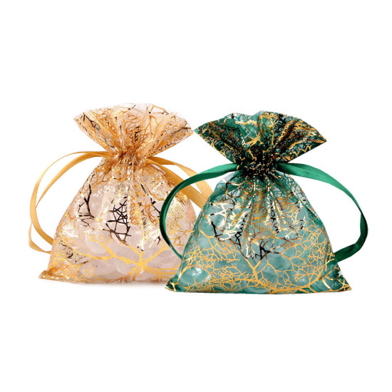 Woreczek podarunkowy złote gałązki / drzewo 10x13 cm organza - Złoty (100 Sztuki) Woreczek podarunkowy złote gałązki / drzewo 10x13 cm organza - Złoty (100 Sztuki)