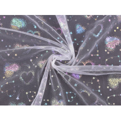 Tulle fabric with ab hologram hearts - White (1 Meter)