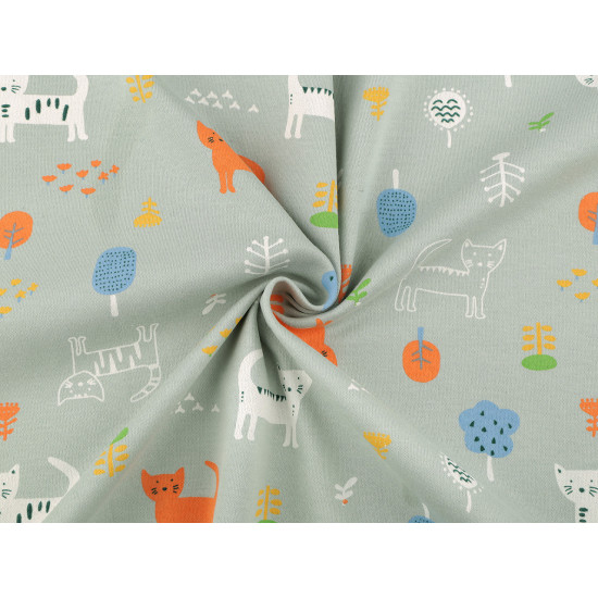 Cotton knit fabric, cats, width 200 cm - Sage green, light (1 Meter) Cotton knit fabric, cats, width 200 cm - Sage green, light (1 Meter)