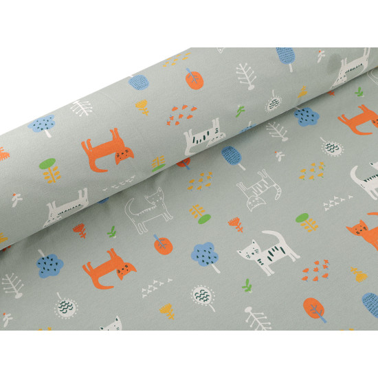 Cotton knit fabric, cats, width 200 cm - Sage green, light (1 Meter) Cotton knit fabric, cats, width 200 cm - Sage green, light (1 Meter)