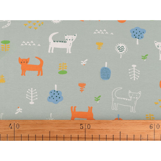 Cotton knit fabric, cats, width 200 cm - Sage green, light (1 Meter) Cotton knit fabric, cats, width 200 cm - Sage green, light (1 Meter)