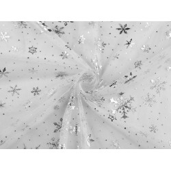 Tulle fabric with metallic snowflakes - White (1 Meter)