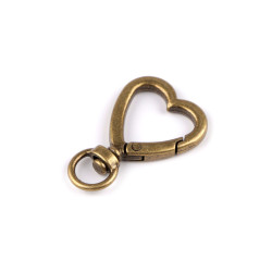 Metal carabiner / swivel hook, heart, fits 10 mm strap - Vintage brass (1 Piece)