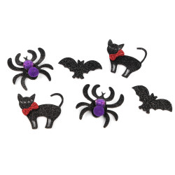 Kotek, nietoperz i pająk z filcu z brokatem, halloween - Miks wariantów (6 Sztuki)