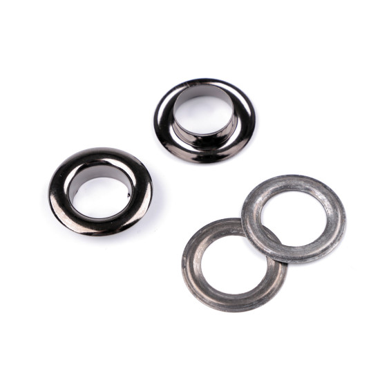 Grommet / eyelet, inner ø12 mm / outer ø21 mm, shiny, 2nd quality - Black nickel (10 Pairs) Grommet / eyelet, inner ø12 mm / outer ø21 mm, shiny, 2nd quality - Black nickel (10 Pairs)